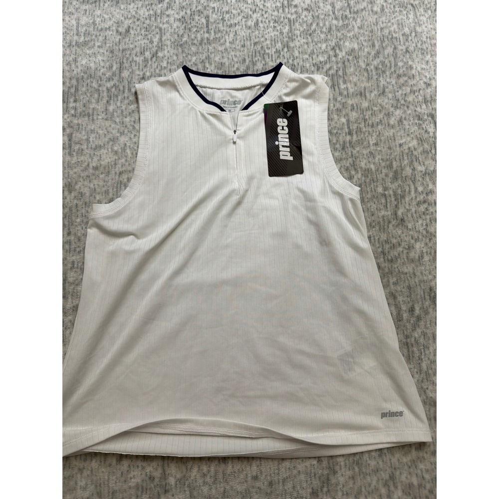Prince Womens Rib Polo Tank Pure White Navy Trim Quarter Zip WPT11316 Medium NWT